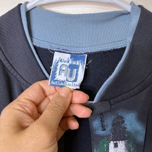 Vintage Lighthouse Cardigan Sweater Womens XL Navy Blue Button Grandmacore - Picture 3 of 13